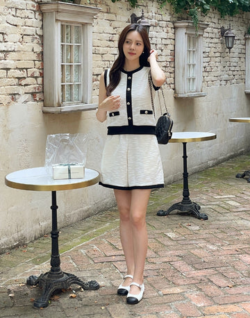 Mardi Color Matching Boucle Knit Sleeveless Banding Shorts Set